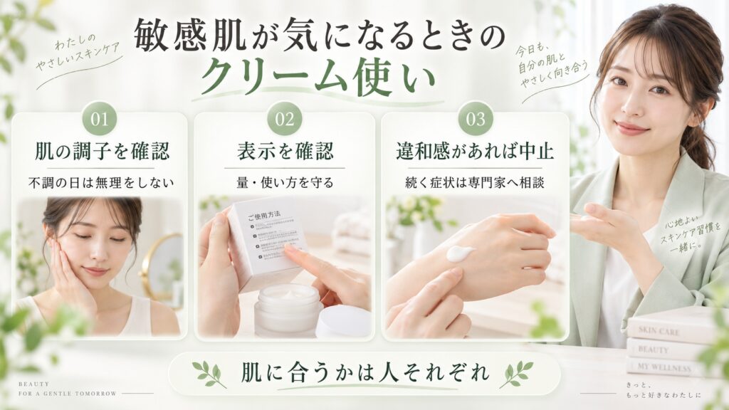 敏感肌が気になる場合は肌の調子とクリームの表示を確認し、違和感があれば中止する一般的な注意点