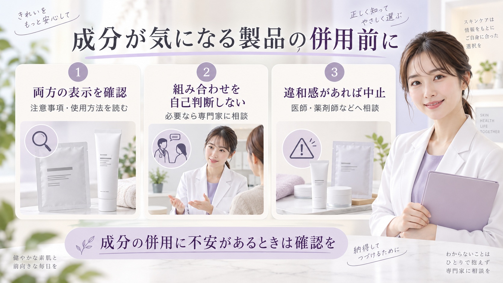 成分が気になる製品を併用する前に両方の表示を確認し、不安があれば専門家へ相談する案内