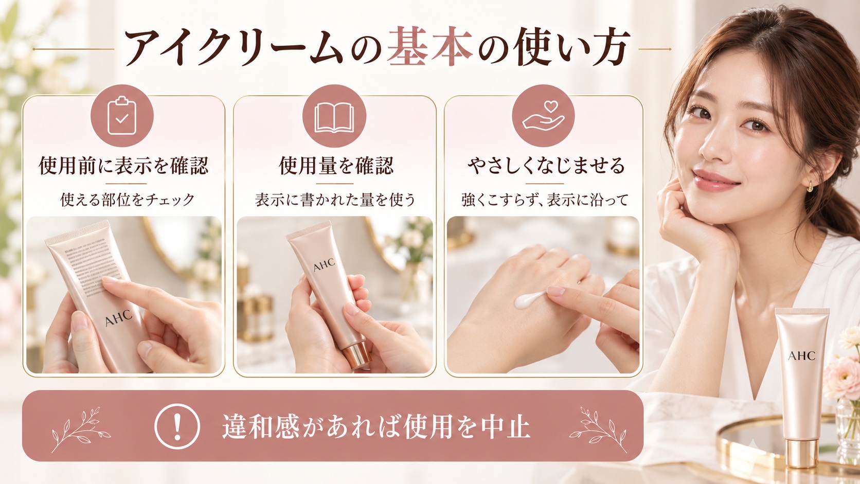 アイクリームは使う部位と使用量を製品表示で確認し、強くこすらずなじませ、違和感があれば中止する手順