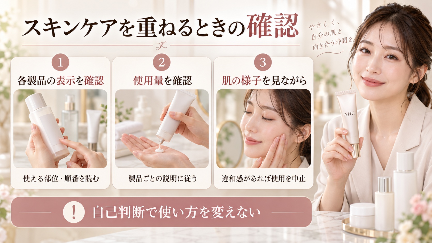 各製品の表示で使える部位と順番を確認し、肌の様子を見ながら違和感時は使用を中止する案内