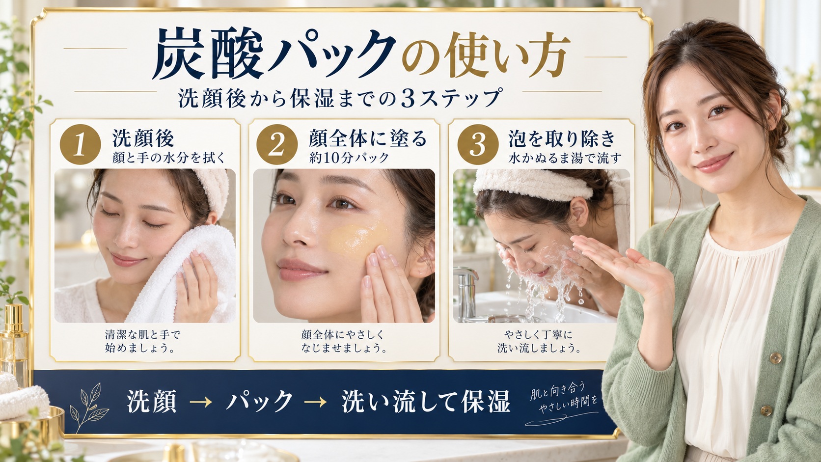 AKAHAスパークリングセラムパックの洗顔後の塗布・約10分のパック・洗い流しと保湿の順番を示す