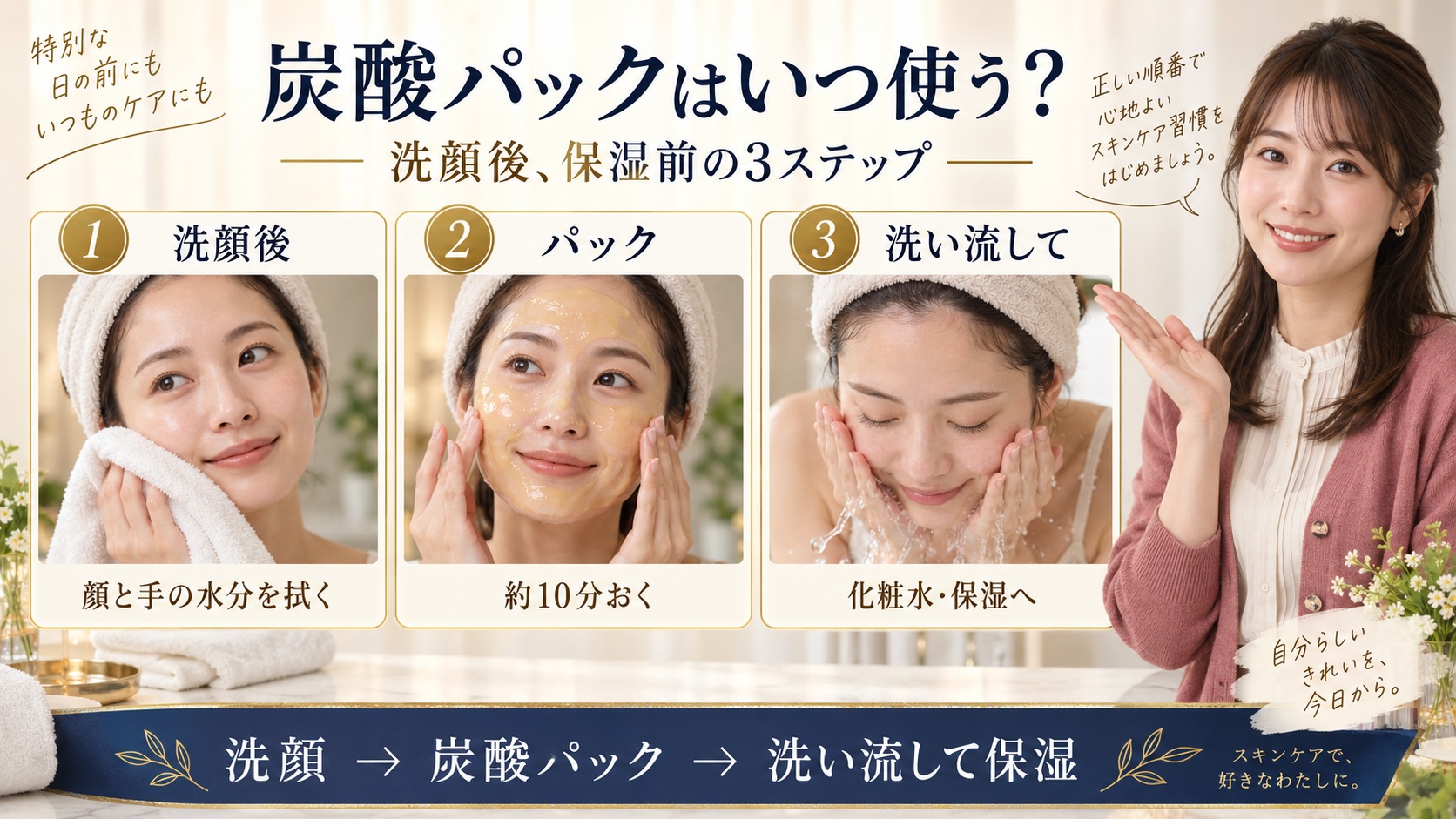 AKAHAスパークリングセラムパックを洗顔後に使い、約10分後に洗い流して保湿する順序を示す