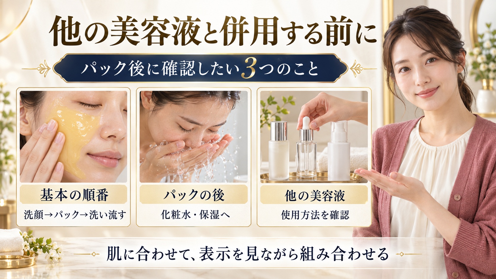 AKAHAスパークリングセラムパックの後に保湿へ進み、他の美容液は使用方法を確認する流れを示す