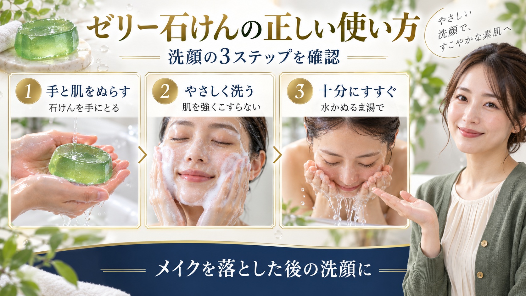AKAHAゼリーセラムソープGREENの使用前に手と肌をぬらし、やさしく洗って十分にすすぐ3ステップ
