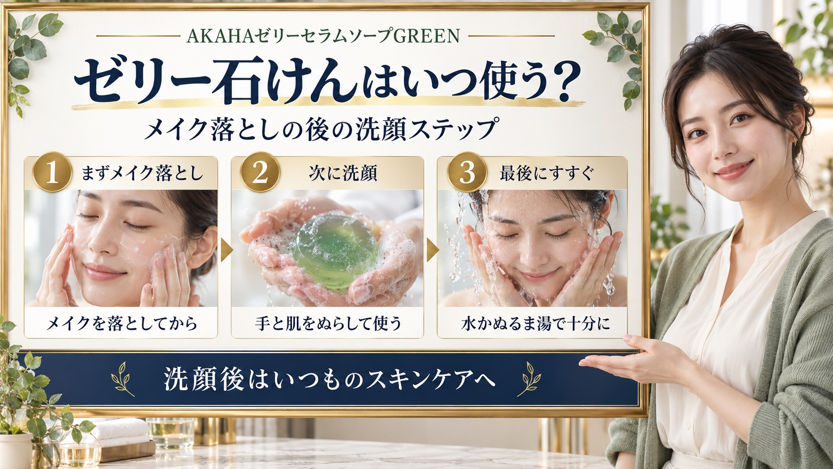 メイク落としの後にAKAHAゼリーセラムソープGREENで洗顔し、十分にすすいでから保湿する順番