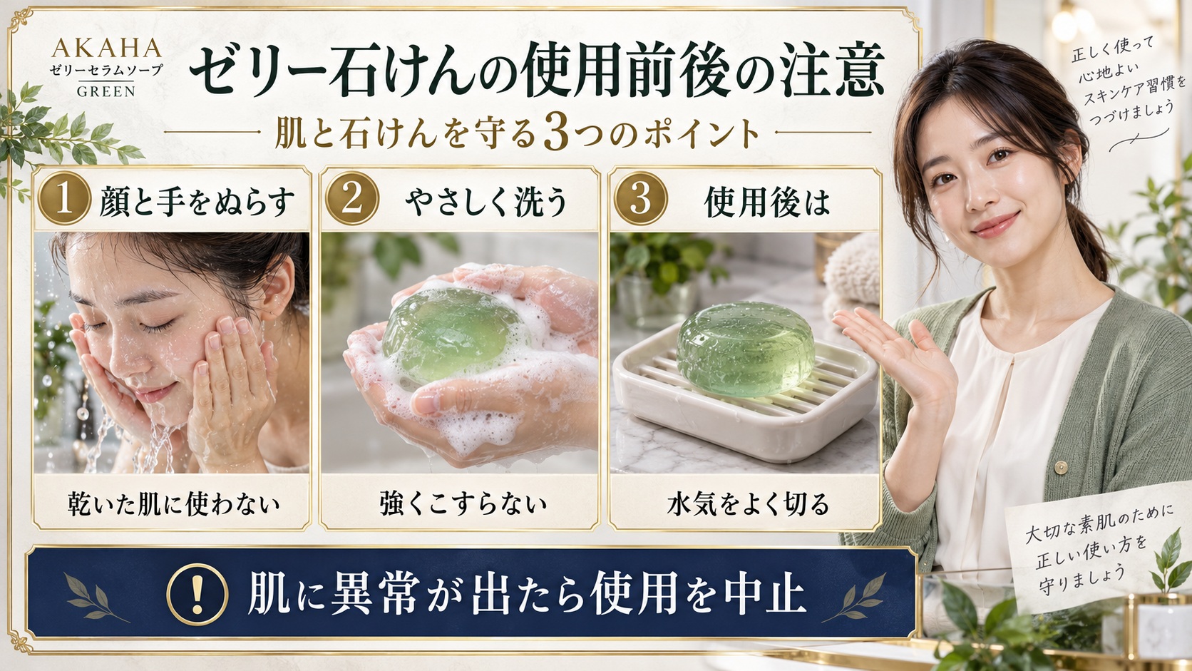 AKAHAゼリーセラムソープGREENを使う際の濡らし方・やさしい洗い方・使用後の水切りと肌の異常時の注意を示す