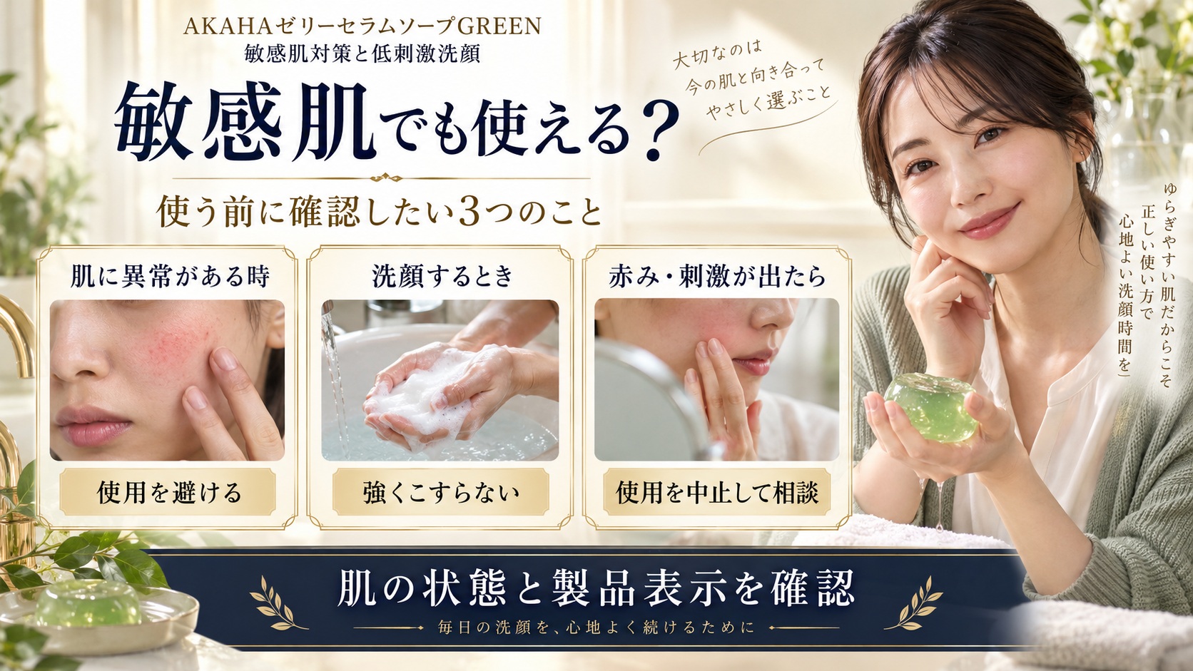 AKAHAゼリーセラムソープGREENを敏感肌で使う前に確認する肌状態と刺激が出た場合の注意を示す