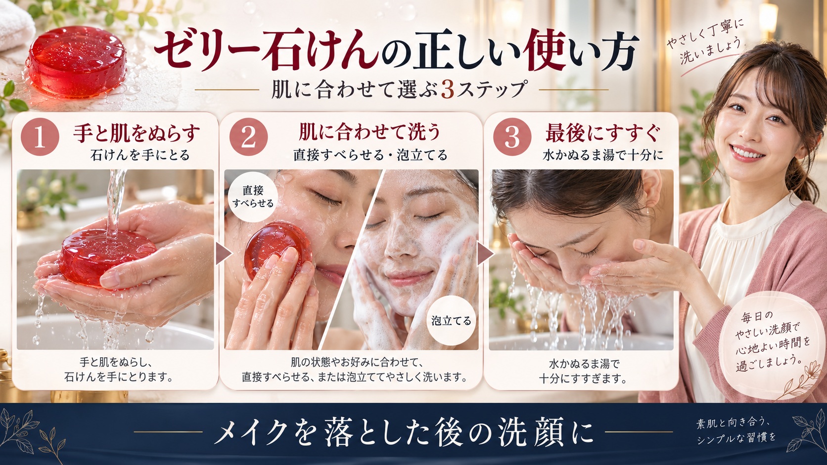 AKAHAゼリーセラムソープREDは手と肌をぬらして使い、肌に合わせてやさしく洗い、すすぐ3ステップ