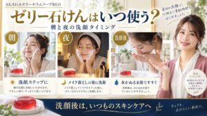 AKAHAゼリーセラムソープREDの朝の洗顔、夜のメイク落とし後の洗顔、洗顔後のすすぎを示す
