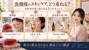 AKAHAゼリーセラムソープREDで洗顔した後にすすぎ、化粧水や保湿、美容液の表示を確認する流れを示す