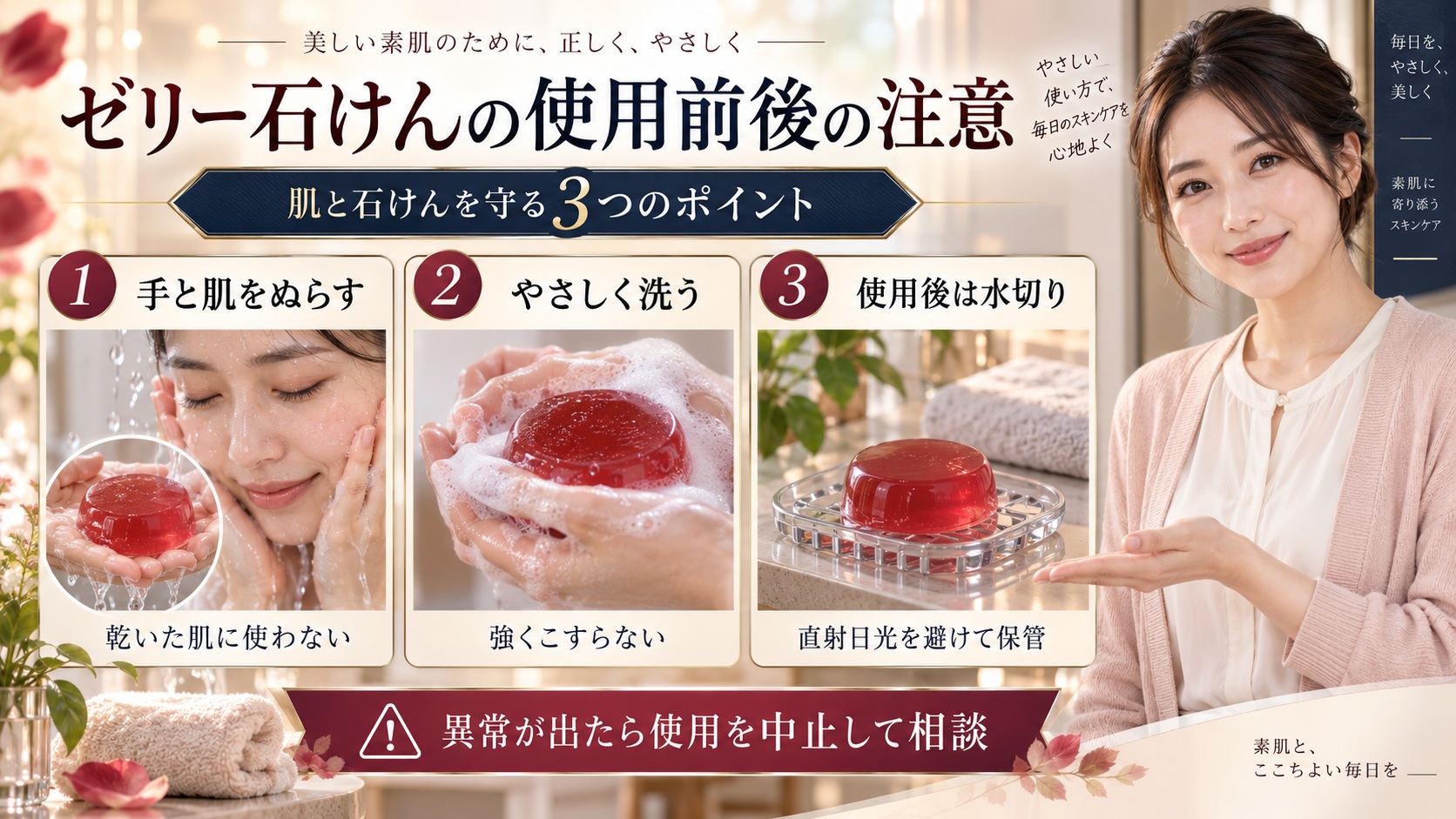 AKAHAゼリーセラムソープREDの使用時に手と肌をぬらす・やさしく洗う・使用後に水切りする注意点