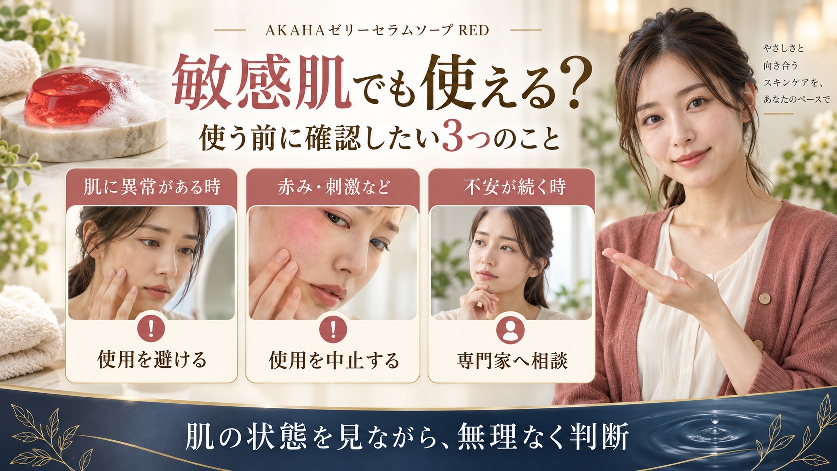 AKAHAゼリーセラムソープREDを敏感肌で使う前に確認する肌状態、使用を避ける場合、刺激時の中止と相談のポイント