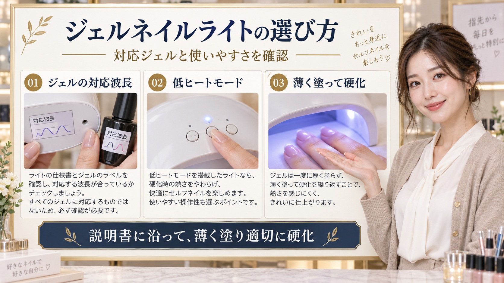ジェルとライトの対応確認、低ヒートモード、薄塗り硬化のポイントを示すボード