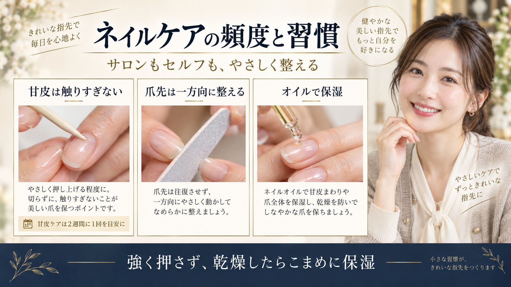 甘皮、爪先、ネイルオイルの基本ケアを説明するボード