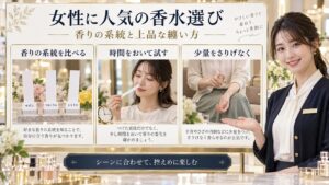 香りの系統を比較し、香水を控えめに楽しむポイントを示すボード