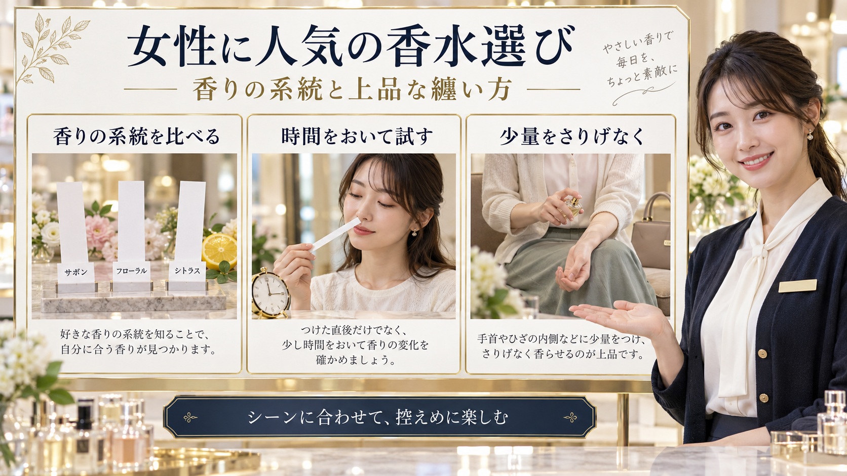 香りの系統を比較し、香水を控えめに楽しむポイントを示すボード