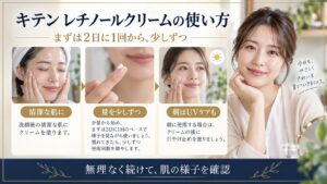 キテンレチノールクリームの使用頻度と朝のUVケアを説明するボード