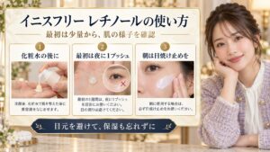 イニスフリーレチノール美容液の使い始めと朝のUV対策を示すボード