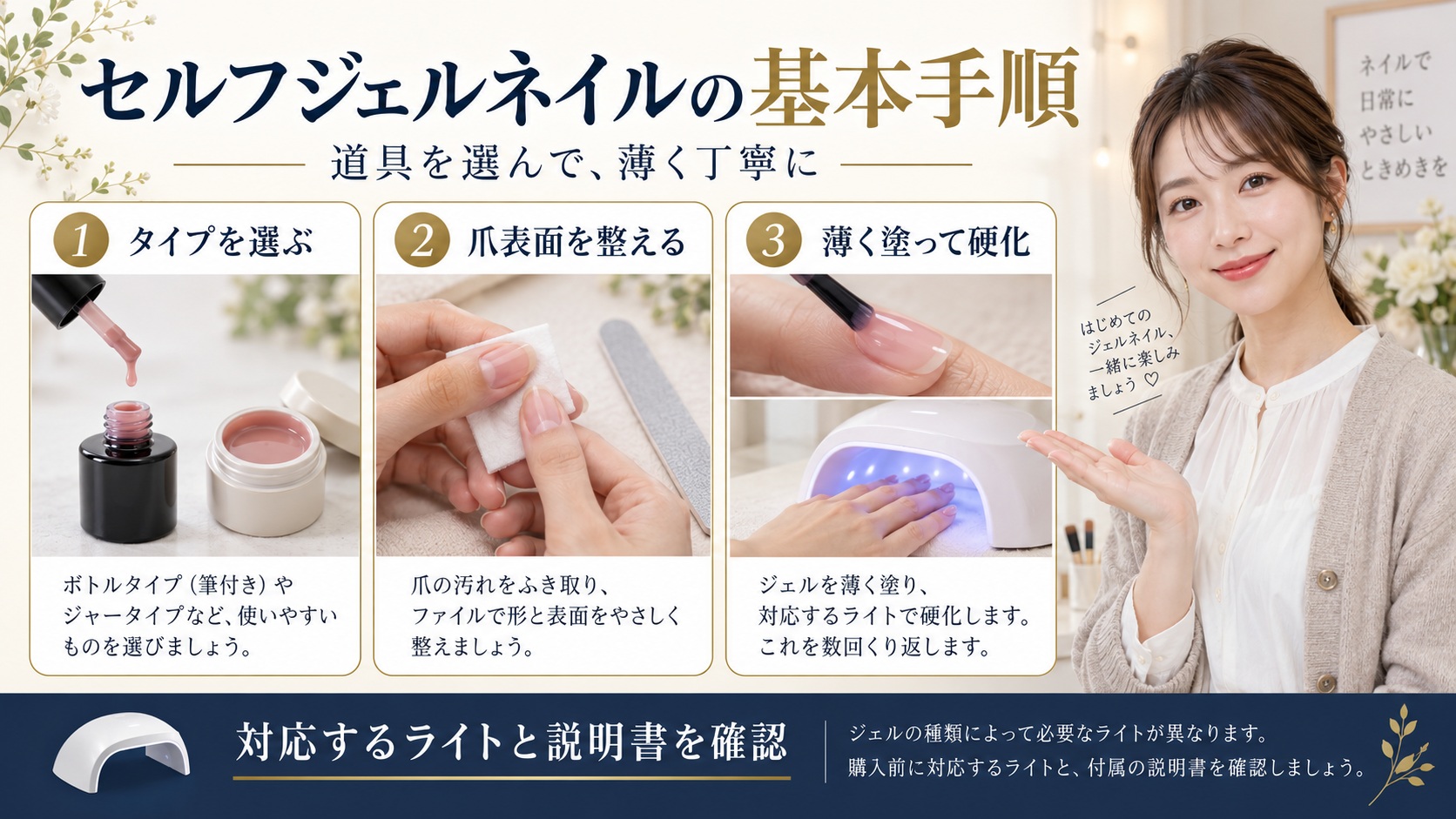 セルフジェルネイルの道具選び、下準備、薄塗り硬化の基本を示すボード