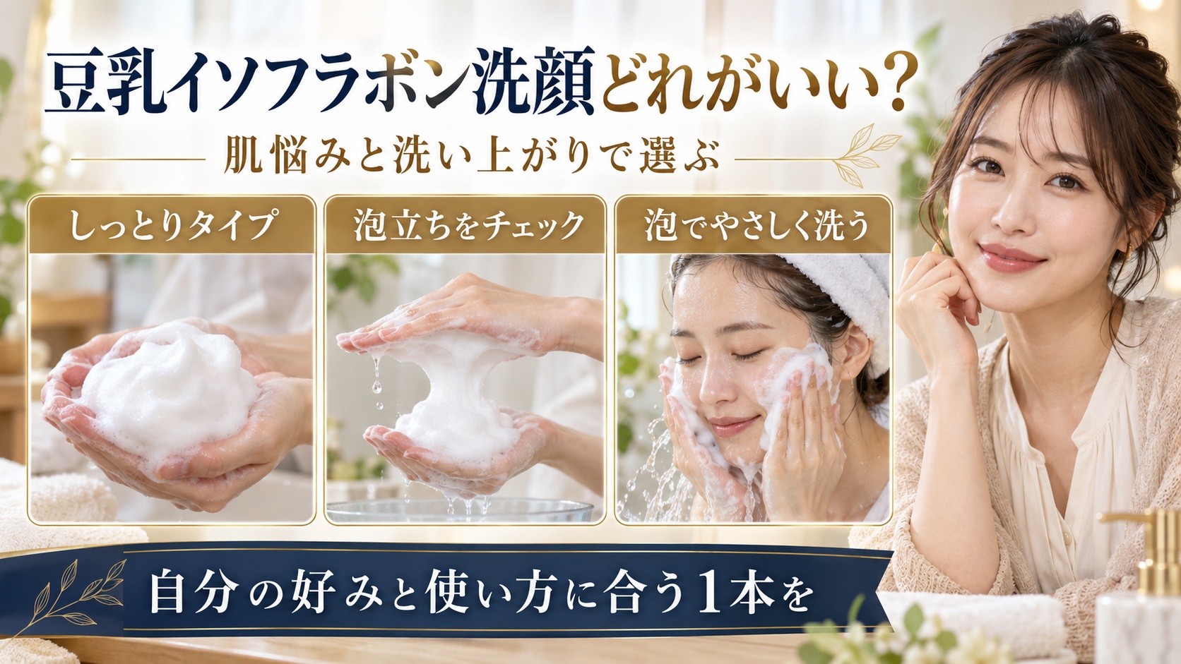 豆乳イソフラボン洗顔の洗い上がりや泡立てを説明するボード
