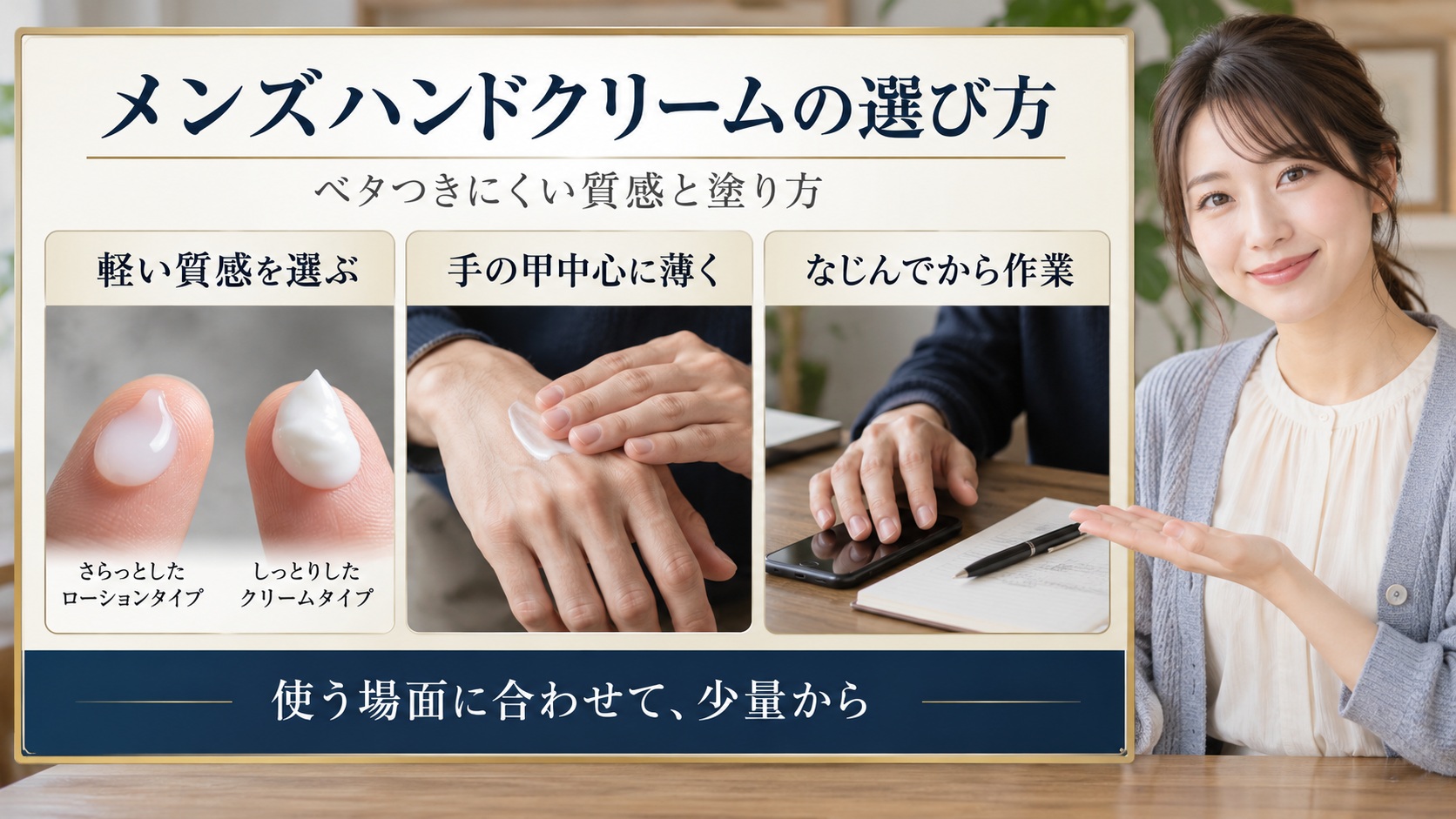 男性向けハンドクリームの質感選びとベタつきにくい塗り方を示すボード