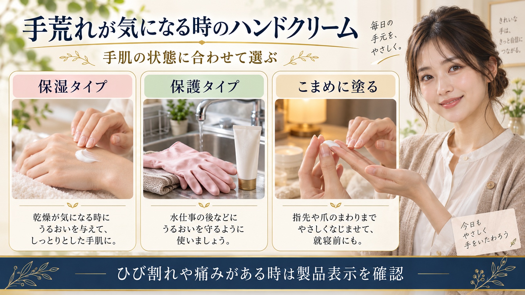 ハンドクリームの保湿・保護タイプと指先への塗り方を説明するボード