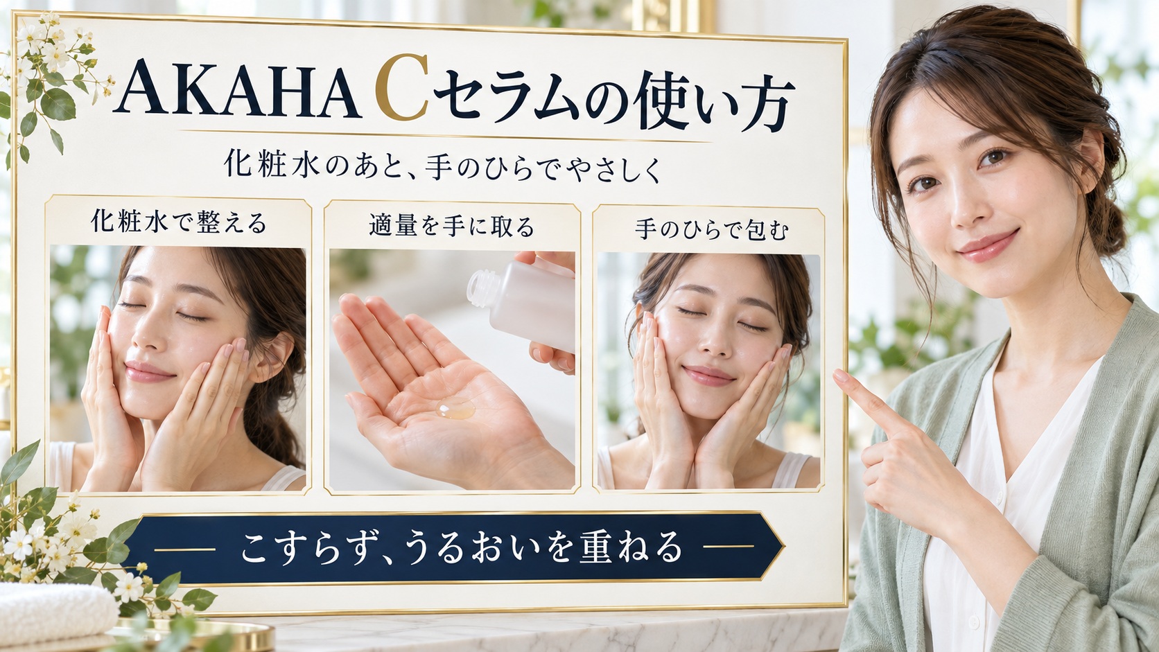 化粧水のあとにAKAHA Cセラムを手のひらでやさしくなじませる3段階の使い方をまとめた美容解説ボード