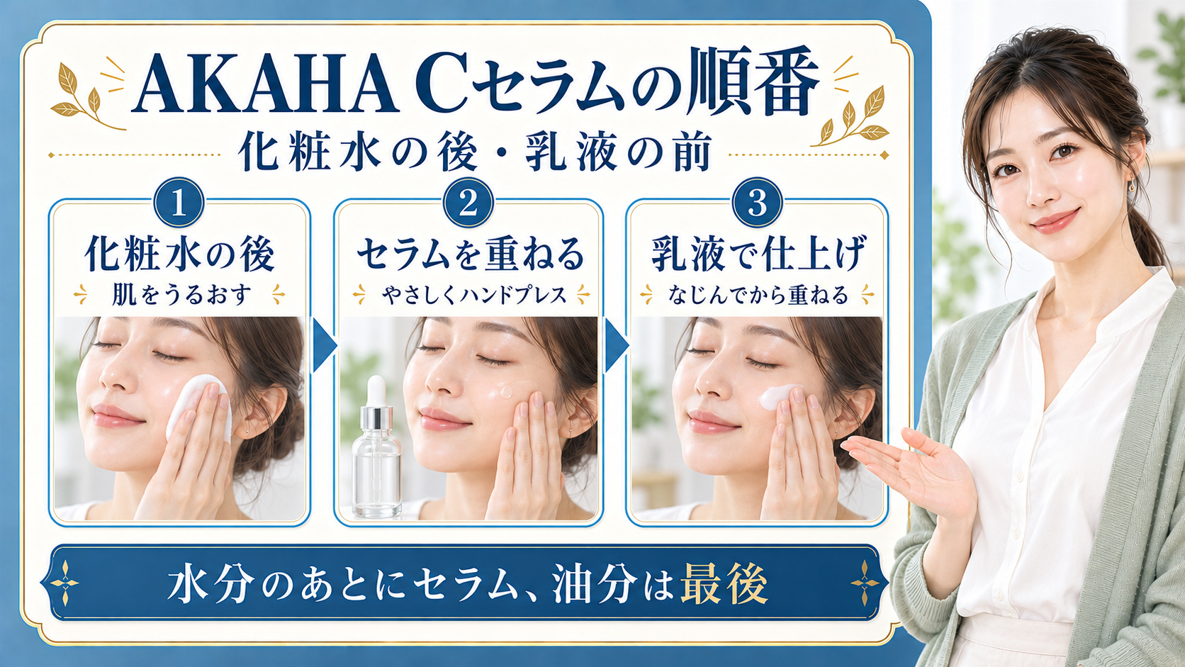 AKAHA薬用ホワイトニングCセラムの順番!効果を引き出す重ね方の要点を3つの手順カードと美容アドバイザーで示した解説ボード