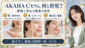 AKAHA薬用ホワイトニングCセラムの併用！相性を高める重ね方の要点を3つの手順カードと美容アドバイザーで示した解説ボード