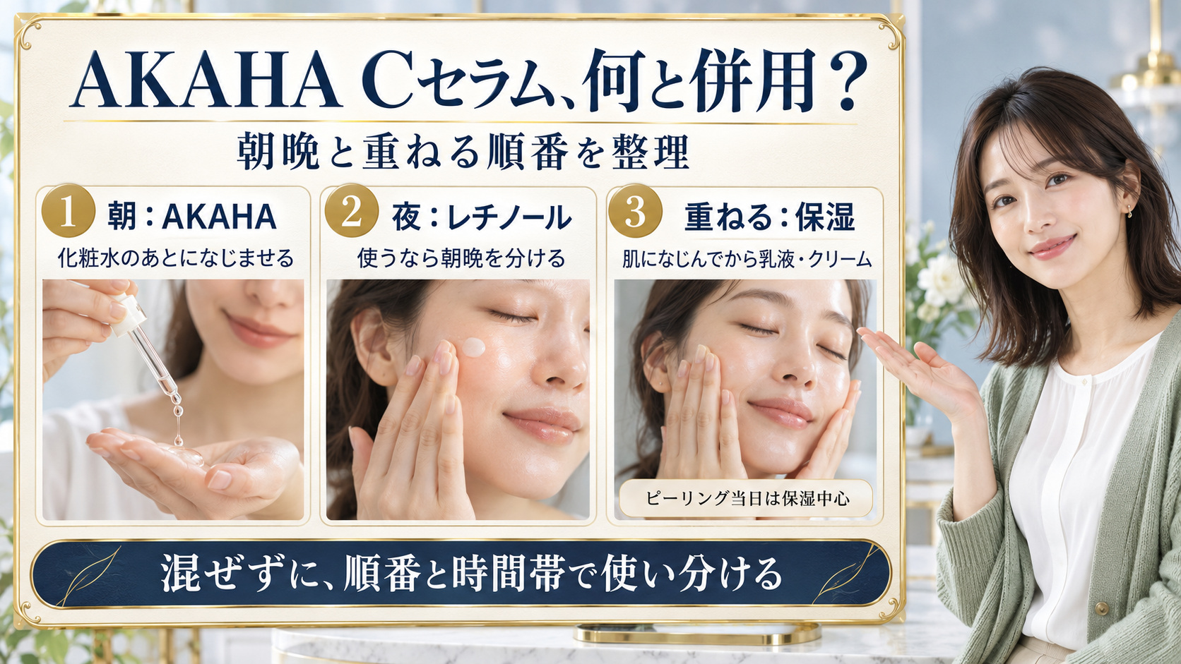 AKAHA薬用ホワイトニングCセラムの併用!相性を高める重ね方の要点を3つの手順カードと美容アドバイザーで示した解説ボード