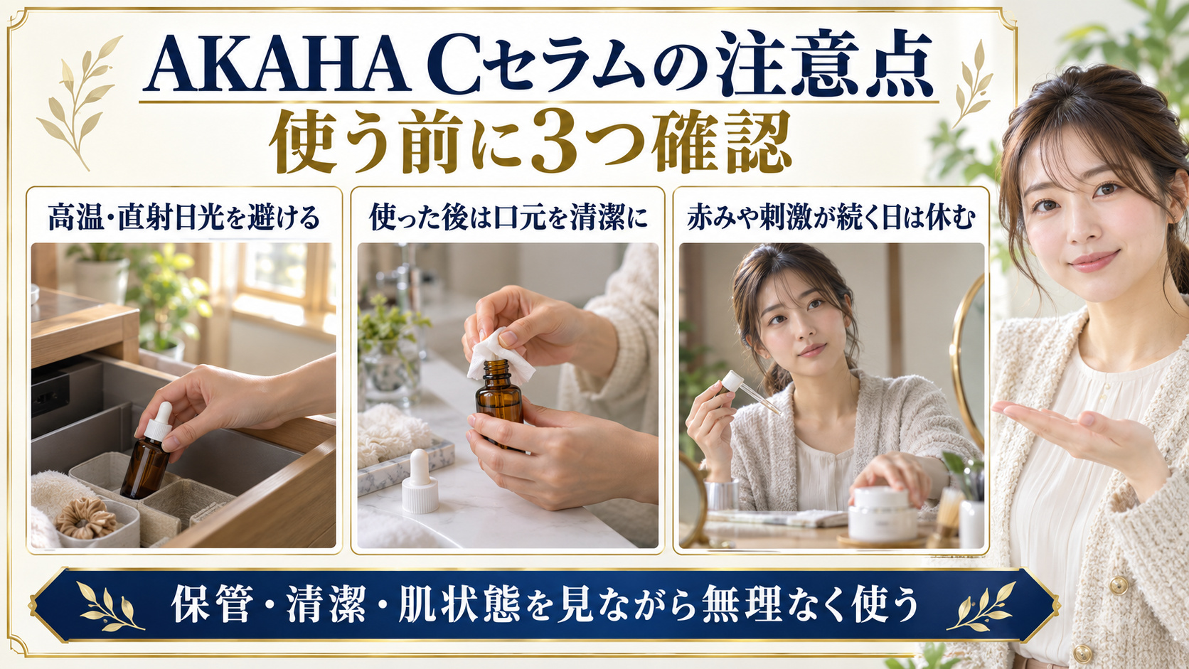 AKAHA薬用ホワイトニングCセラムの注意点!酸化と刺激を防ぐコツの要点を3つの手順カードと美容アドバイザーで示した解説ボード