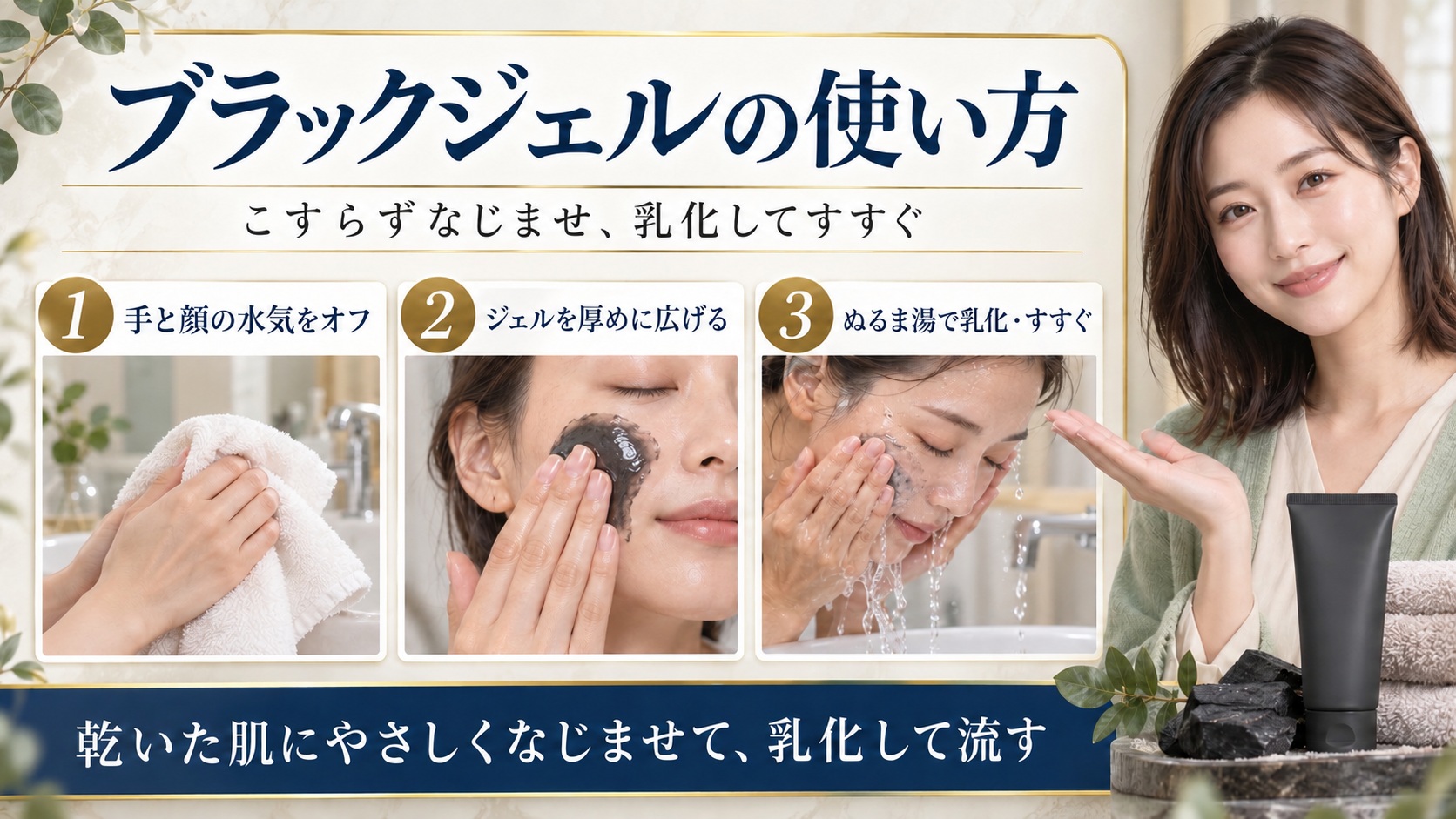 .akaranブラックジェルクレンジングの使い方！毛穴を落とすコツの要点を3つの手順カードと美容アドバイザーで示した解説ボード