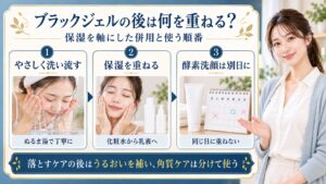 .akaranブラックジェルクレンジングの併用！相性の良い重ね方の要点を3つの手順カードと美容アドバイザーで示した解説ボード