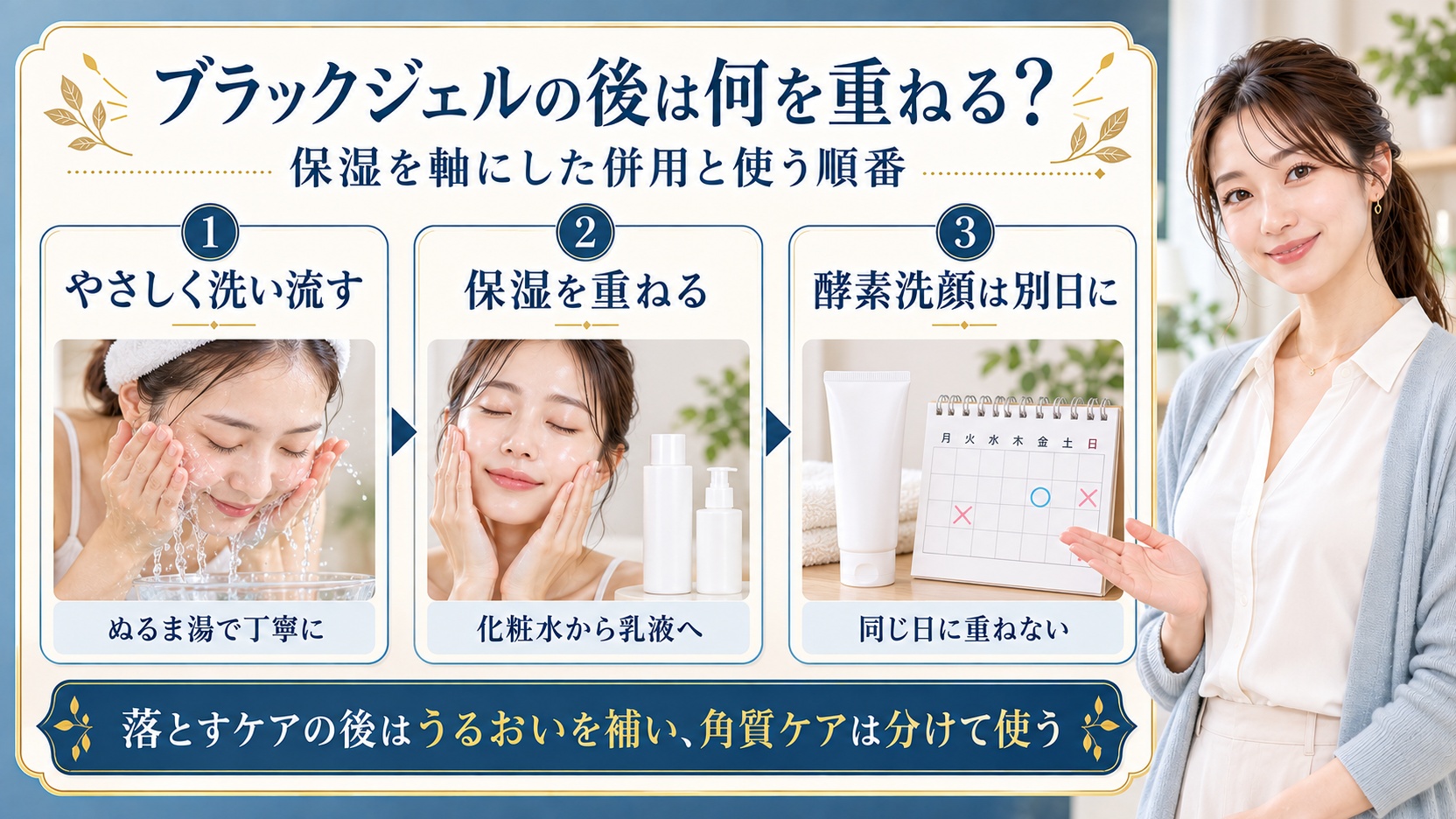 .akaranブラックジェルクレンジングの併用！相性の良い重ね方の要点を3つの手順カードと美容アドバイザーで示した解説ボード