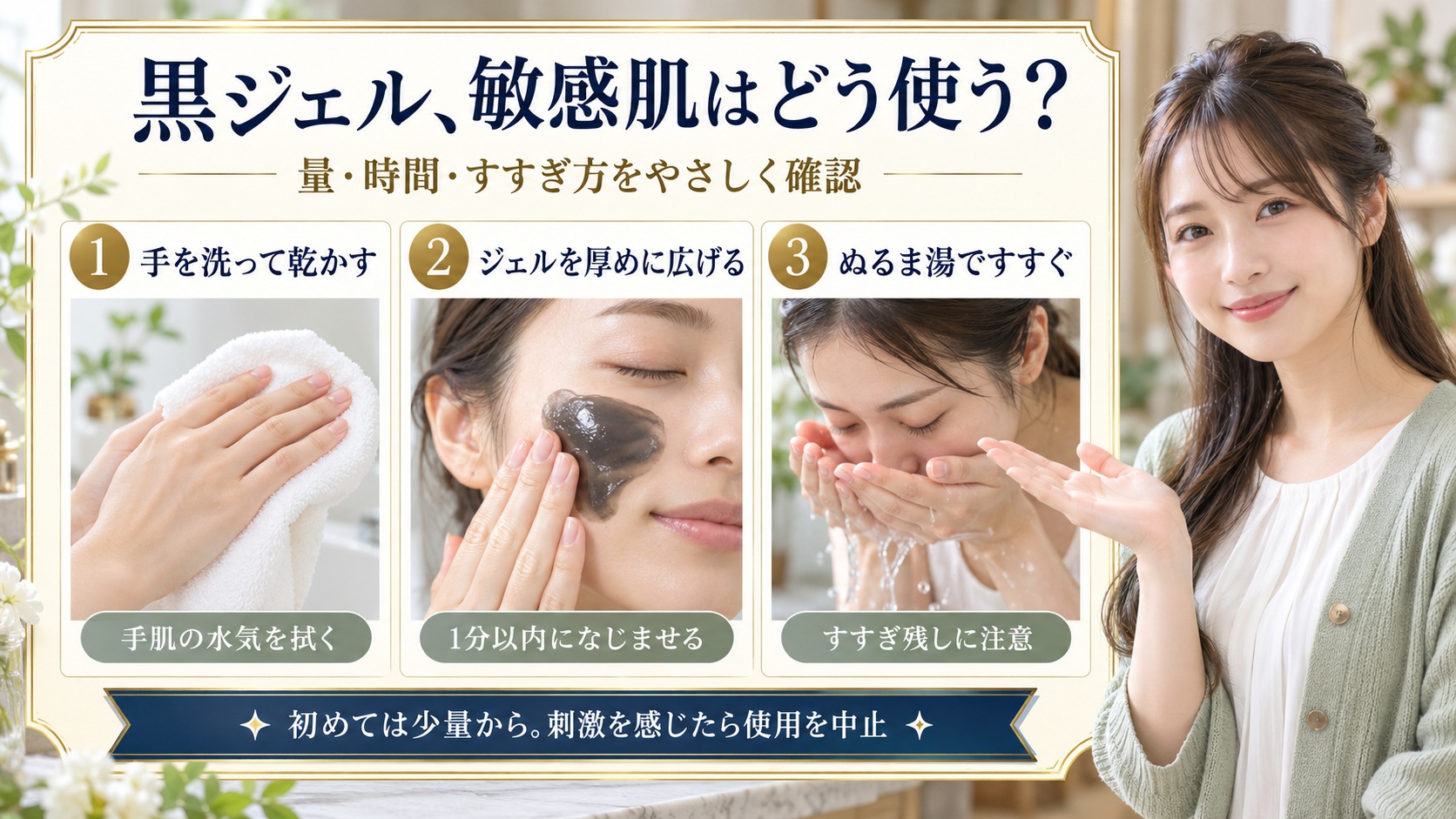 .akaranブラックジェルクレンジングは敏感肌OK？優しい落とし方の要点を3つの手順カードと美容アドバイザーで示した解説ボード