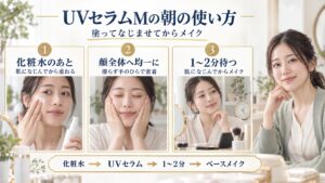 紫外線予報うるおすUVセラムMの使い方！朝の時短UVケア術の要点を3つの手順カードと美容アドバイザーで示した解説ボード