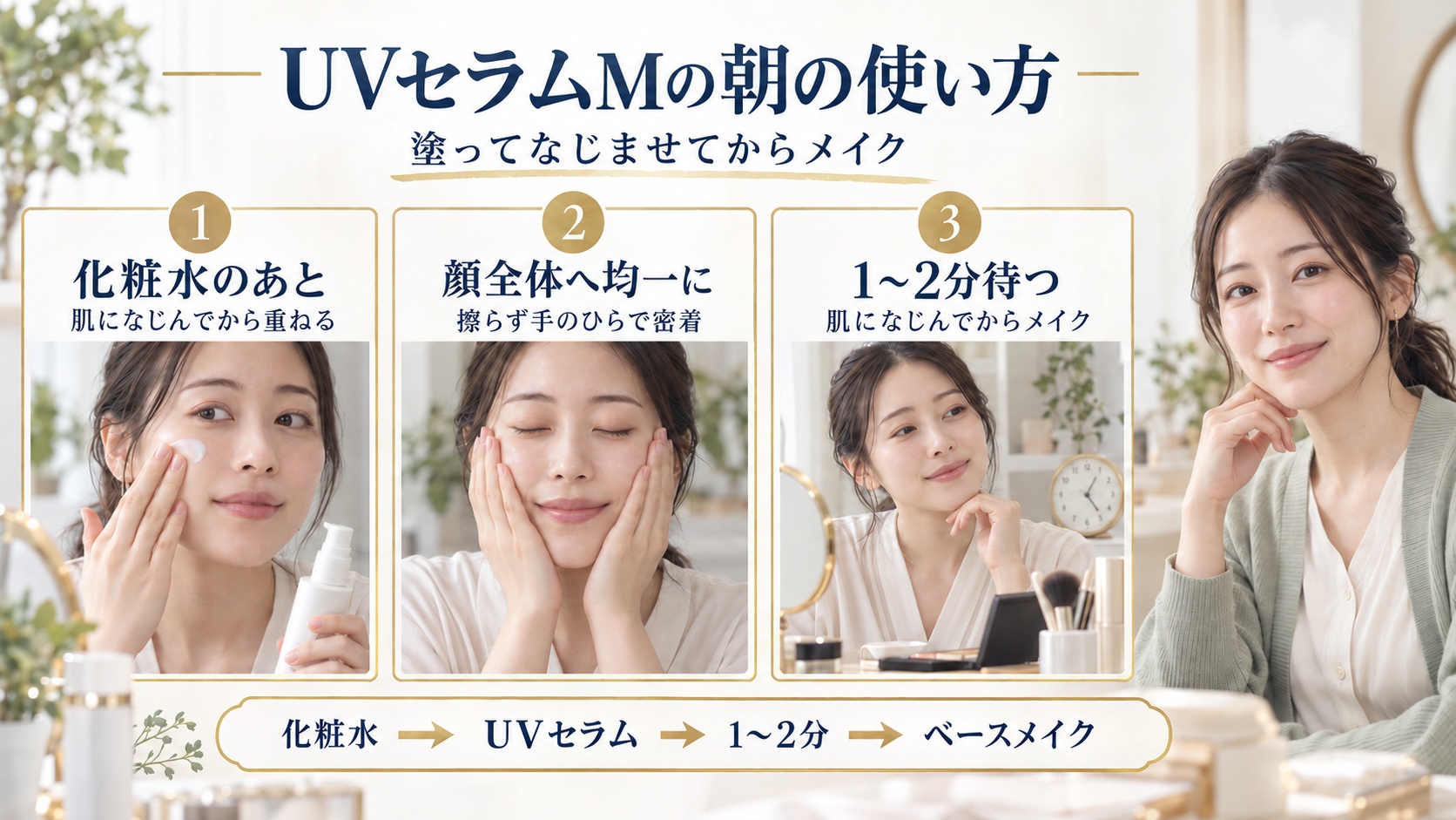紫外線予報うるおすUVセラムMの使い方！朝の時短UVケア術の要点を3つの手順カードと美容アドバイザーで示した解説ボード