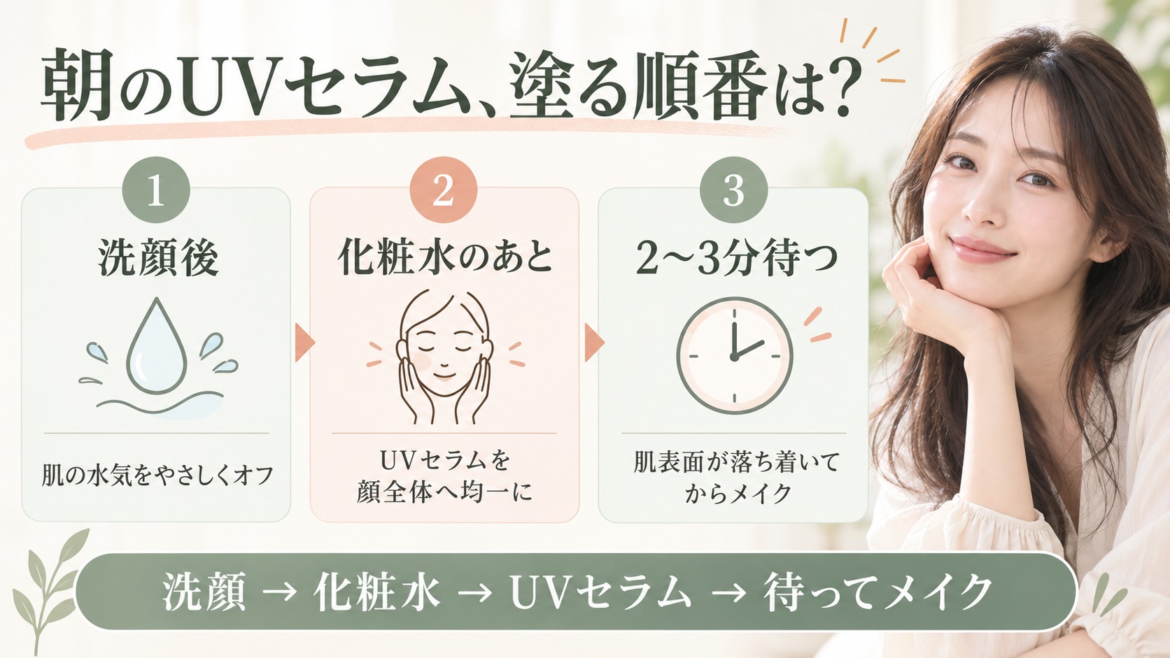 紫外線予報うるおすUVセラムMの順番は？朝のスキンケア手順と重ね方の要点を3つの手順カードと美容アドバイザーで示した解説ボード