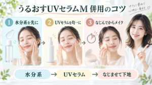 紫外線予報うるおすUVセラムMの併用術！相性の良い成分と重ね方のコツの要点を3つの手順カードと美容アドバイザーで示した解説ボード
