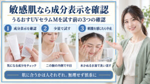 紫外線予報うるおすUVセラムMは敏感肌でも安心？成分と肌荒れ防止策の要点を3つの手順カードと美容アドバイザーで示した解説ボード