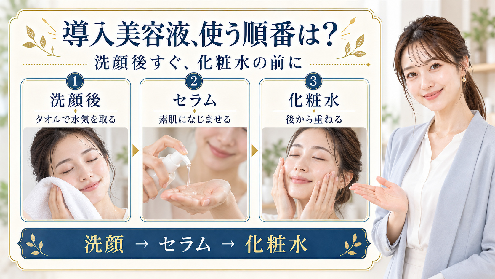 雪花秀ファーストケアセラムVIの使い方!導入美容液の正しい順番の要点を3つの手順カードと美容アドバイザーで示した解説ボード