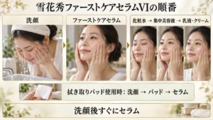 雪花秀ファーストケアセラムVIの順番！化粧水前後の正解ステップの要点を3つの手順カードと美容アドバイザーで示した解説ボード