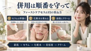 雪花秀ファーストケアセラムVIの併用術！相性の良い成分と重ね方の要点を3つの手順カードと美容アドバイザーで示した解説ボード