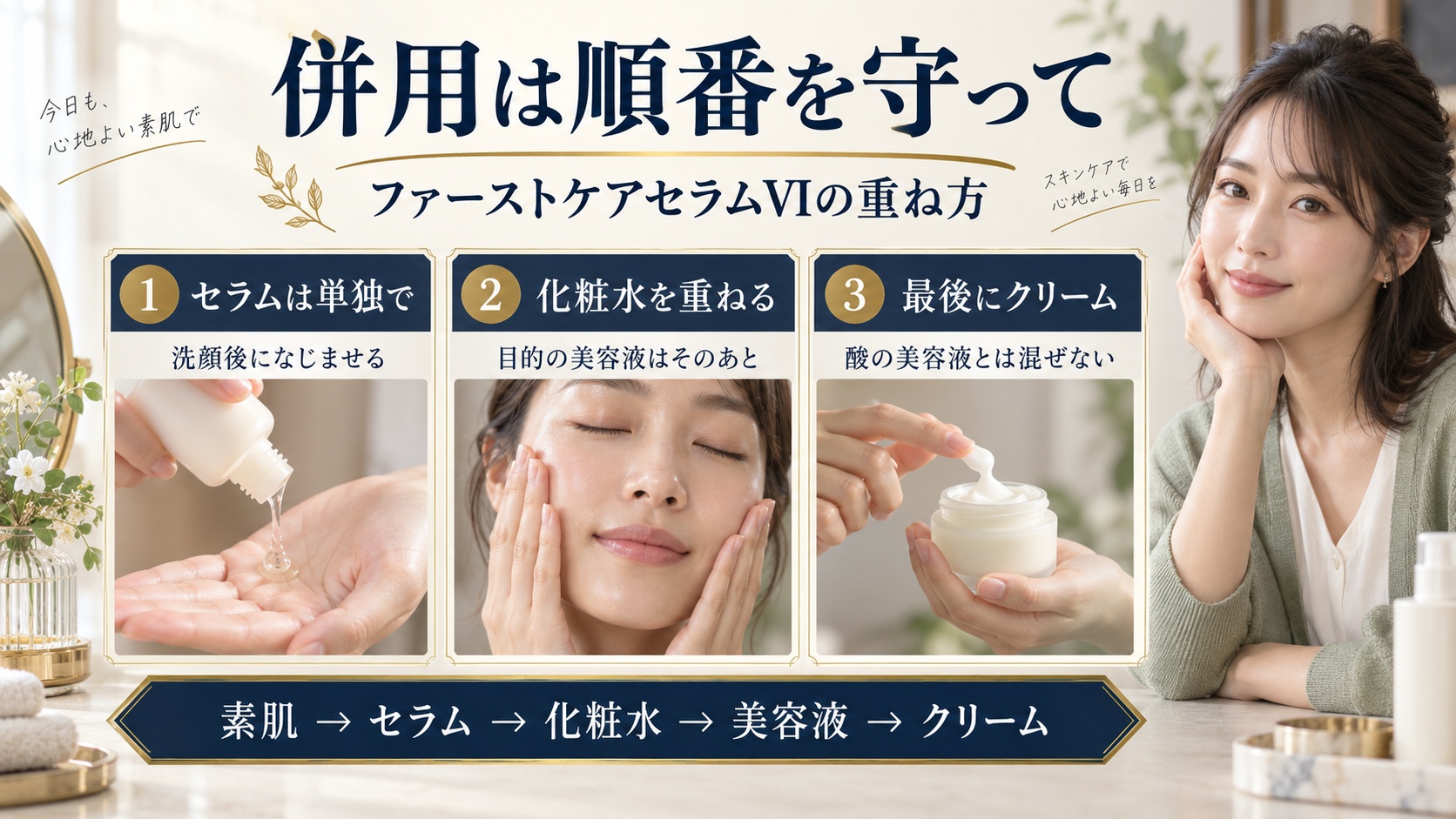 雪花秀ファーストケアセラムVIの併用術！相性の良い成分と重ね方の要点を3つの手順カードと美容アドバイザーで示した解説ボード