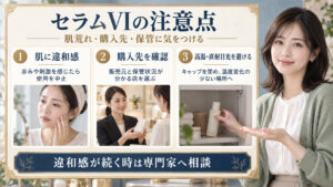 雪花秀ファーストケアセラムVIの注意点は？偽物や肌荒れの落とし穴の要点を3つの手順カードと美容アドバイザーで示した解説ボード