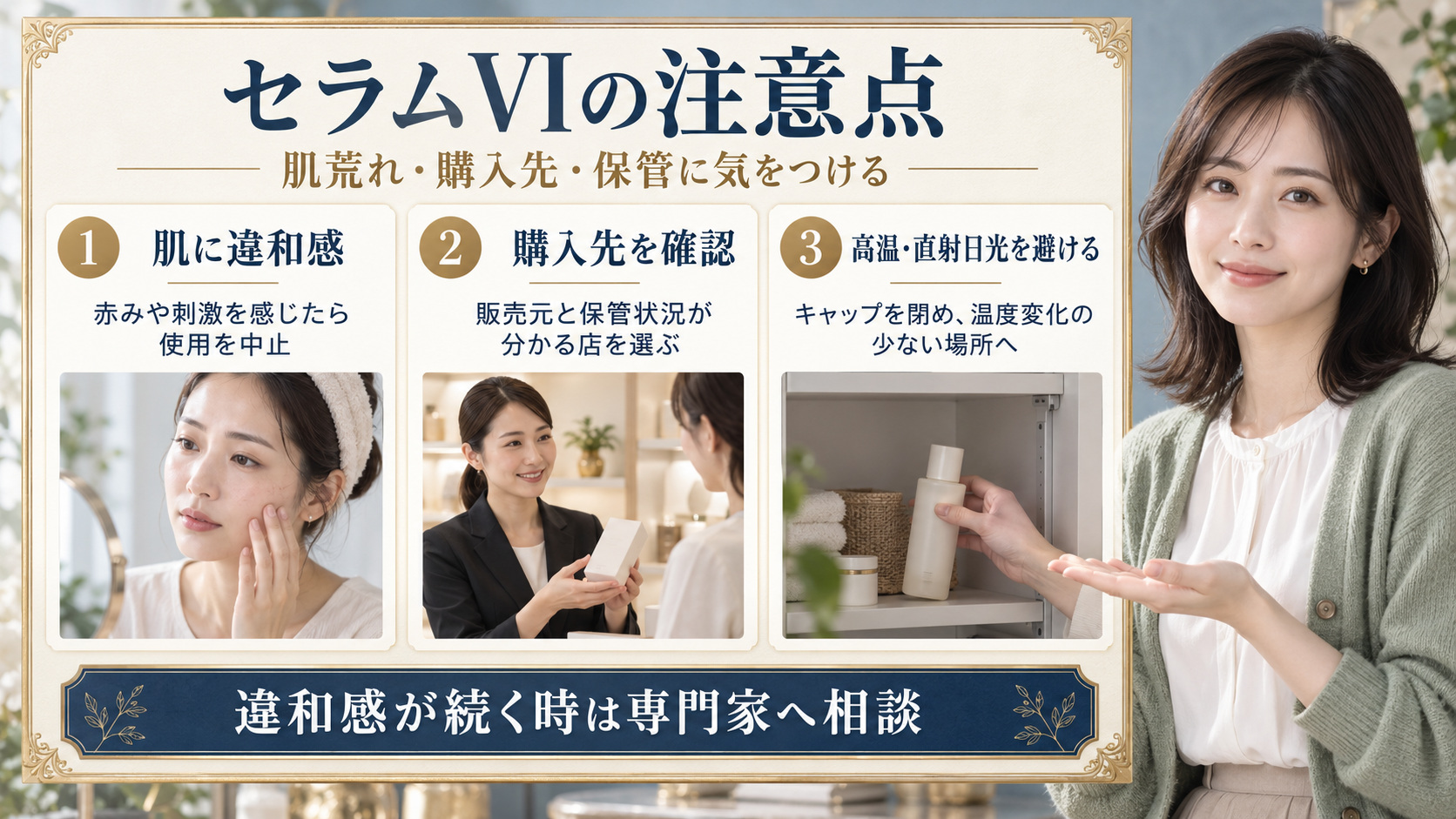 雪花秀ファーストケアセラムVIの注意点は?偽物や肌荒れの落とし穴の要点を3つの手順カードと美容アドバイザーで示した解説ボード