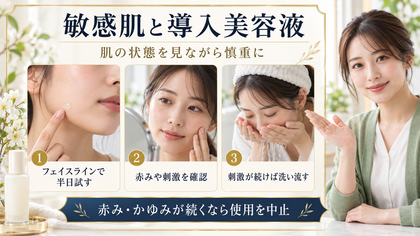 雪花秀ファーストケアセラムVIは敏感肌でも安心？肌荒れ防止と使い方の要点を3つの手順カードと美容アドバイザーで示した解説ボード