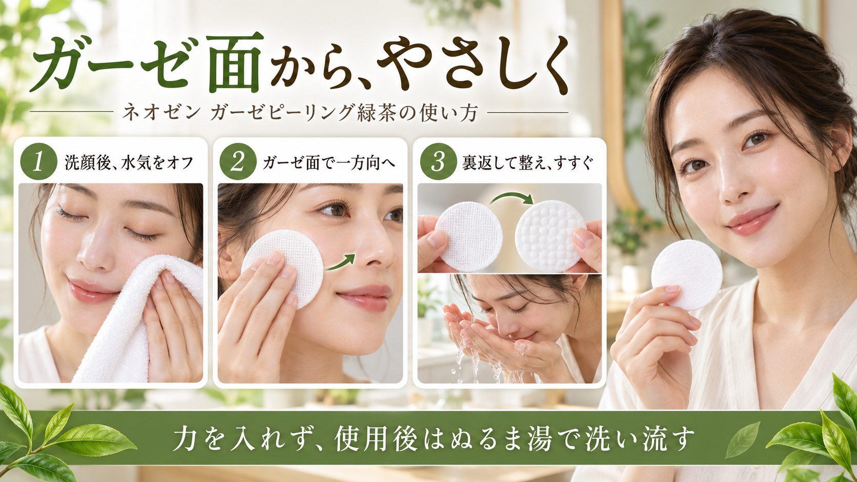 ネオゼンガーゼピーリング緑茶の使い方！裏表の順番と失敗しないコツの要点を3つの手順カードと美容アドバイザーで示した解説ボード