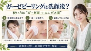 ネオゼンガーゼピーリング緑茶の順番！洗顔や裏表の正しい手順の要点を3つの手順カードと美容アドバイザーで示した解説ボード