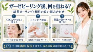 ネオゼンガーゼピーリング緑茶の併用術！相性の良い成分と重ね方の要点を3つの手順カードと美容アドバイザーで示した解説ボード